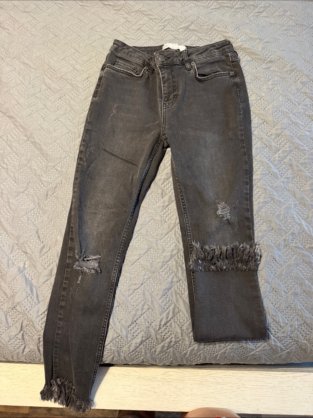 Free People Black Distressed Skinny Jeans with Frayed Ankles